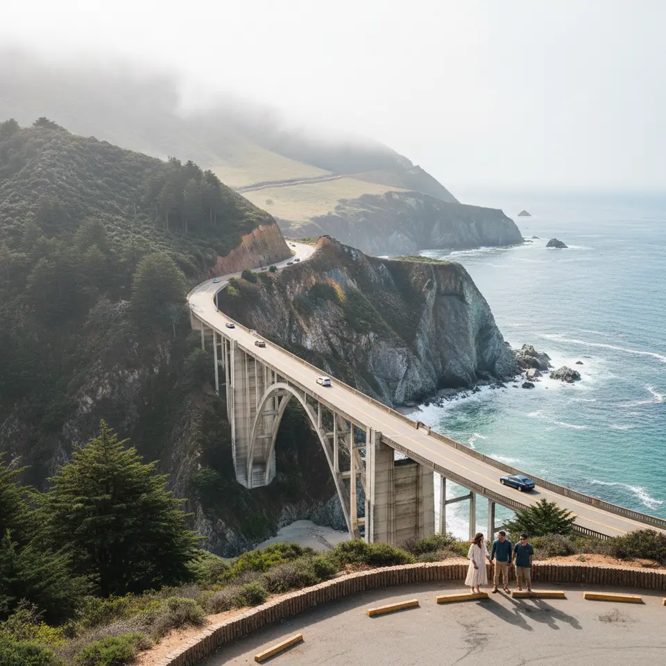 A sweeping view of California’s Pacific Coast Highway as it winds along rugged Big Sur cliffs, featuring the iconic Bixby Creek Bridge arching over the turquoise Pacific, with redwood forests on one side and panoramic ocean vistas framed by coastal fog.