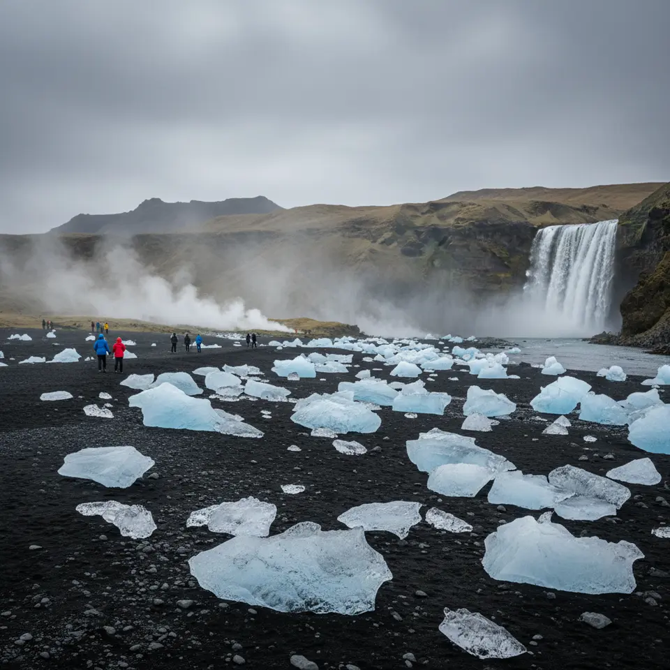 A dramatic Iceland Ring Road landscape showcasing a black-sand beach dotted with glacial icebergs, steaming geothermal pools, and the cascading Gullfoss waterfall beneath an overcast sky, hinting at distant volcanic craters and lava fields.