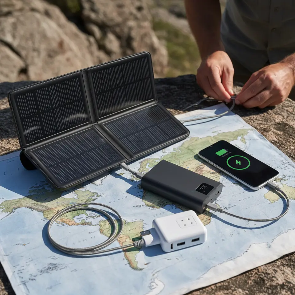 Folded-out portable solar charger with shiny monocrystalline panels set on a rocky ledge under bright sunlight, connected via USB-C PD cables to a high-capacity lithium-polymer battery pack and a smartphone—plus a compact all-in-one travel adapter with slide-out US/EU/UK/AU pins, dual USB-A ports, and a 60W USB-C port laid out on a world map background.