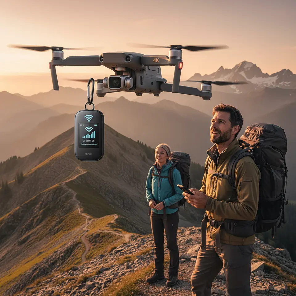 Ultra-light pocket drone hovering over a dramatic mountain ridge at golden hour—its 4K camera and obstacle-avoidance sensors clearly visible—and next to it a sleek travel-friendly Wi-Fi hotspot displaying signal bars and connected devices on a small touchscreen.