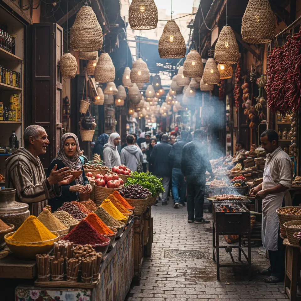 Local Market Explorations: a vibrant open-air market scene in Marrakech’s labyrinthine souks, brimming with colorful spice stalls piled with saffron threads, cinnamon sticks, and turmeric powders; sizzling grills sending up wisps of smoke, baskets of fresh produce, hanging dried chilies, bustling vendors in traditional dress, shoppers negotiating prices, all under the glow of woven lanterns for a sensory-rich tableau