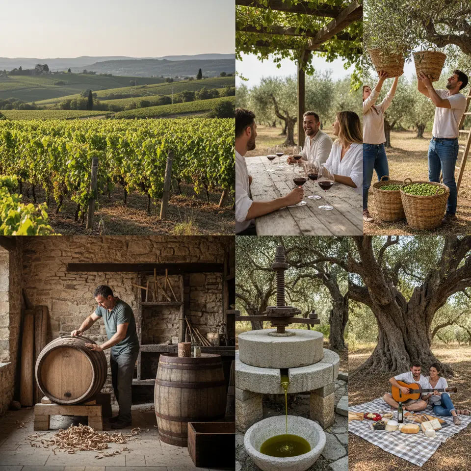 Farm and Vineyard Visits: a sunlit hillside vineyard in France’s Bordeaux region with rows of grapevines stretching toward rolling hills, a cooper at work shaping oak barrels in a rustic cooperage, guests sampling ruby-red wine at a tasting table; adjacent olive groves in the Peloponnese with workers harvesting green olives, an age-old stone press dripping golden oil, and a leisurely picnic set beneath ancient oaks