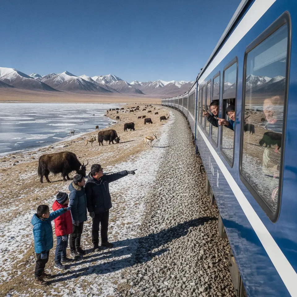 Qinghai–Tibet Railway at Tanggula Pass: a high-altitude train with large panoramic windows gliding across frozen permafrost plains and salt lakes, grasslands dotted with grazing yaks and Tibetan antelope under a crisp blue sky at 5,072 m