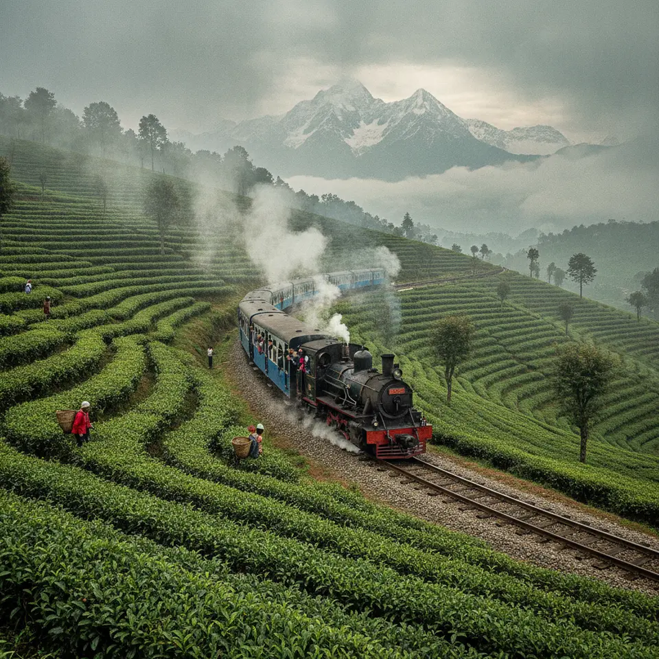 Darjeeling Himalayan Railway “Toy Train” winding through lush, mist-shrouded tea terraces and terraced hillsides, negotiating Z-reverses and loops at Kurseong, with a vintage steam locomotive framed by vibrant green plantations and Mount Kanchenjunga in the distance